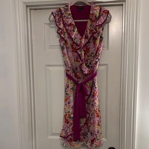 J.B.S. Floral Ruffle Wrap Midi Dress in Fuchsia and Multi